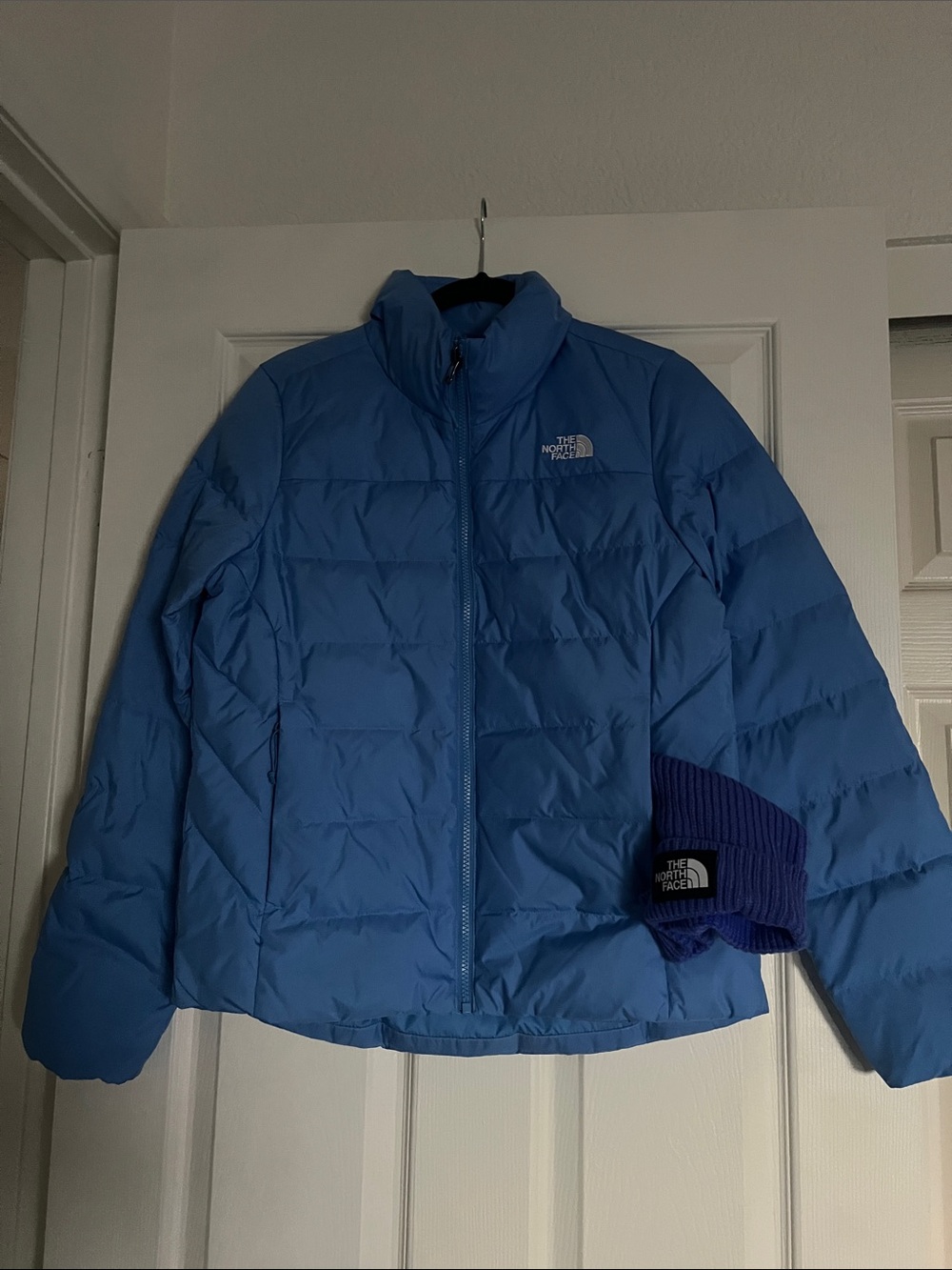 The North Face Women's Sky Blue Quilted Puffer Jacket and Northface beanie